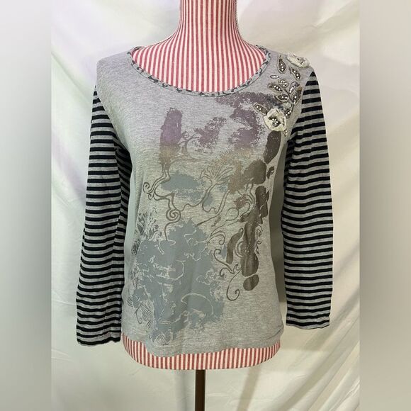 Vintage Y2K Top Embroidered Beaded Striped Gray Black Floral Whimsigoth Sz Small - Picture 1 of 9